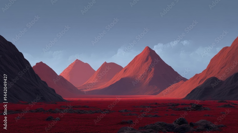 Poster landscape photograph of a red planet with a vast expanse of red soil and rocks. the sky is a deep bl