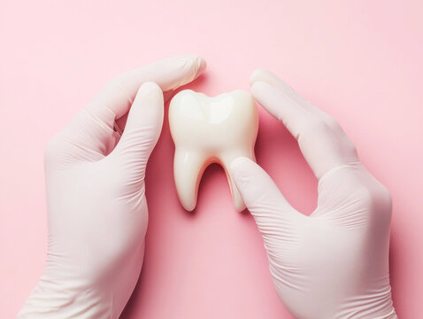 Hands holding a dental model on a pink background