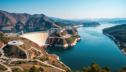 Vast reservoir & hydroelectric power station, towering dam visible, power plant,  sustainable development