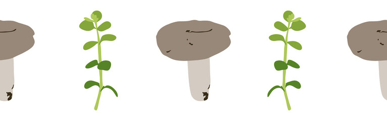 Green leaves and mushrooms border on a white background. Hand-drawn illustration. Perfect for spring and summer.	