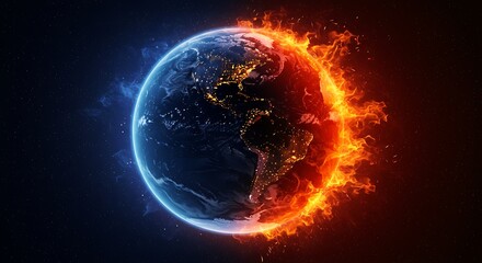 Earth planet divided between ice and fire with visible continents in a dark space background
