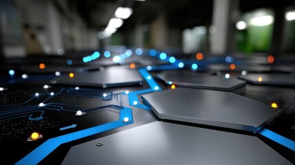 Close-up of a futuristic circuit board with glowing blue and orange LED lights on a dark background
