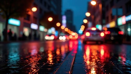 Abstract late-night city lights reflecting on wet pavement, night city, night photography, geometric