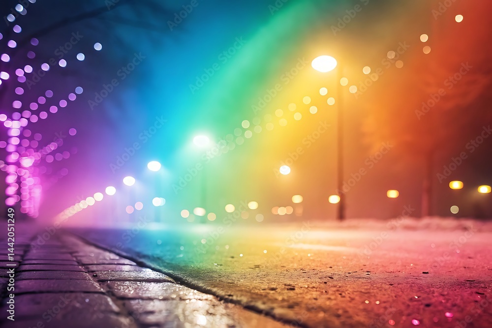 Poster abstract colorful bokeh lights glow brightly on a black night, creating a shiny, defocused pattern p