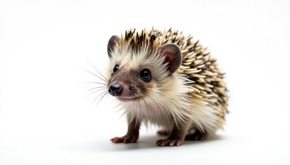 A single hedgehog, facing forward, against a stark white backdrop , portrait, focus
