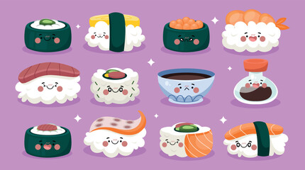 Flat Kawaii sushi element set