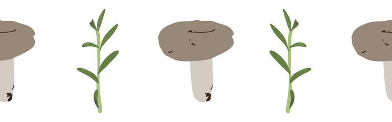 Green leaves and mushrooms border on a white background. Hand-drawn illustration. Perfect for spring and summer.	