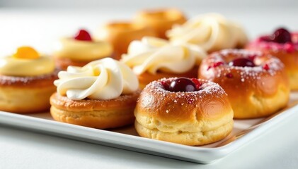 Fototapeta premium Assortment of fresh pastries on pristine white , plate, flour, morning