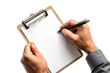Hands writing on clipboard blank page note taking close up shot simple background clean design
