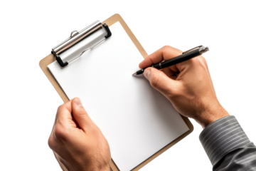 Hands writing on clipboard blank page note taking close up shot simple background clean design