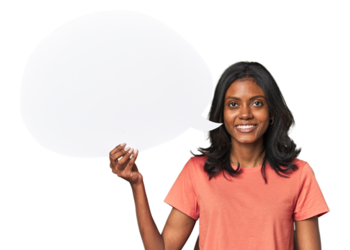 Young Indian woman holding a handmade paper speech bubble