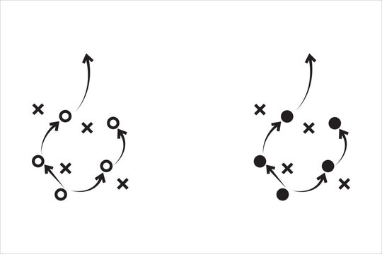 Strategy game plan. Tactics for football. Scheme for football team training. Sports illustration on the board. Coach's manual. Strategic organization on the field for learning. Vector. For apps, web 