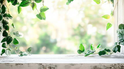 Rustic tabletop with blurred spring park view and glowing sunlight illuminating fresh leaves