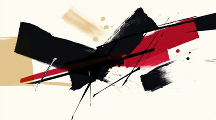 Modern abstract painting with bold black red and beige brushstrokes and splatters on white background