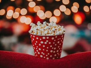 Popcorn served in a festive cup with a cozy backdrop