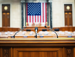 Podium prepares for political address in U.S. legislative chamber
