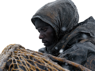 A professional fisherman in work clothes holding a fishing net, isolated on a white background. transparent PNG