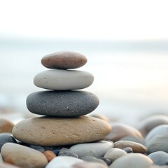 A stack of smooth rocks on a beach with a blurred ocean background