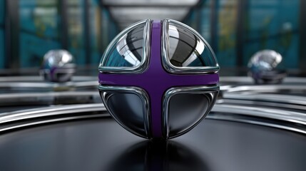 Modern spherical robot with metallic and purple design, futuristic technology, reflective surface, futuristic architecture background, high detail