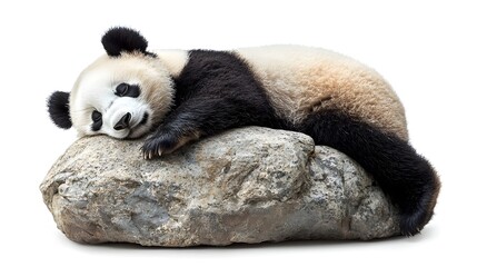 Fototapeta premium Adorable giant panda bear sleeping peacefully on a rock