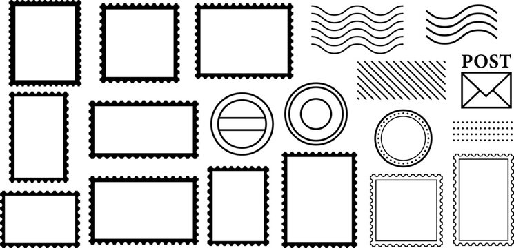 Postage stamp icons and frames vector shape set, decorative clip art element set