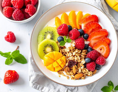 and healthy breakfast bowl featuring yogurt topped with fresh fruits like strawberries, kiwi, mango, and raspberries, complemented by granola and mint leaves for refreshing touch - Powered by Adobe