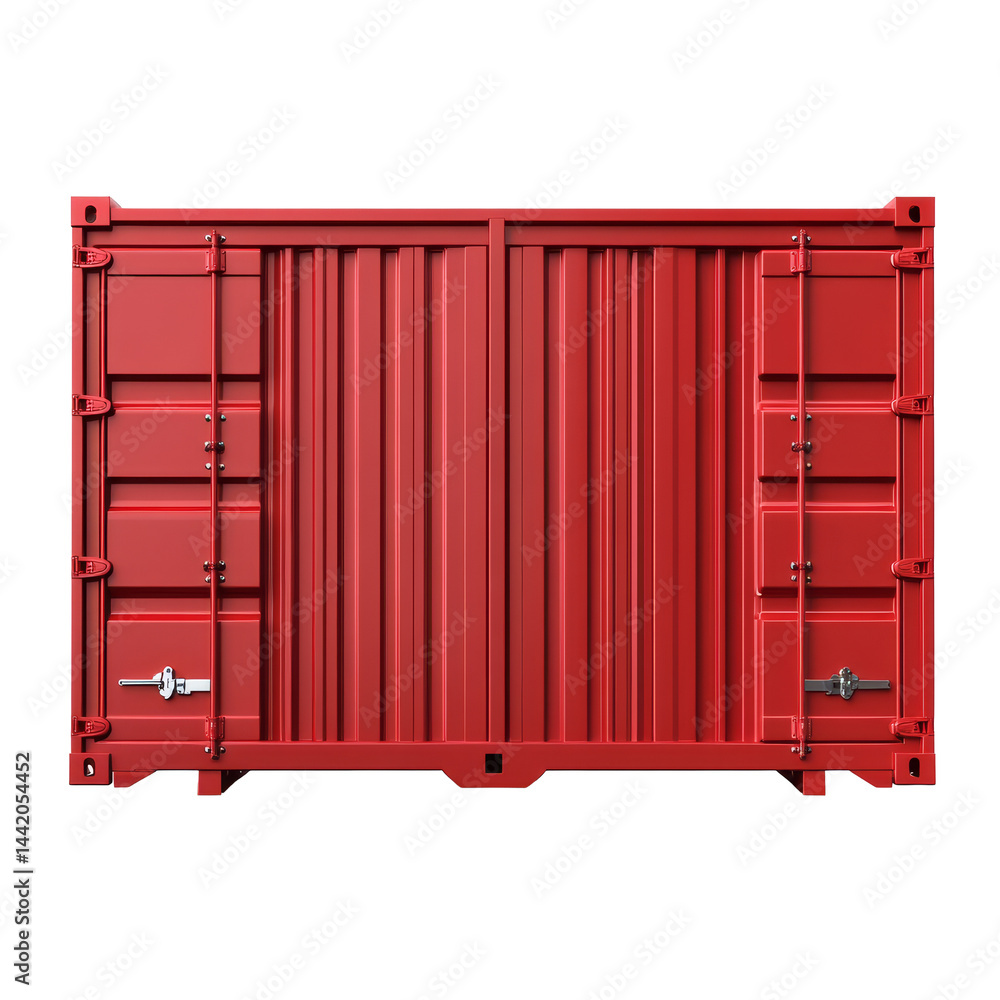 Poster red cargo container against a clean transparent background highlighting its structure and design fea
