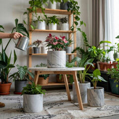 serene springtime scene featuring stylish interior filled with various indoor plants. person waters marble patterned planter wooden table, surrounded by lush greenery, creating refreshing
