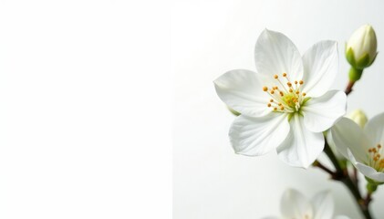 Delicate white flower blossoms against pure white background, light, natural