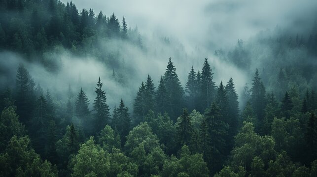 Fototapeta Misty mountain forest landscape with lush green trees fog fir sky pine view calm wild woods cloud