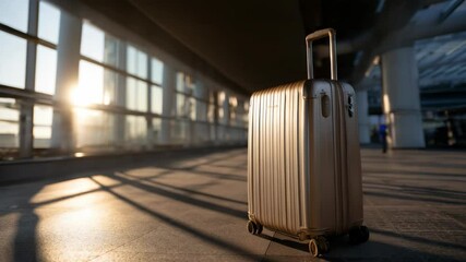 Stylish metallic suitcase awaits travelers at the airport during sunset hours, casting long shadows on the floor