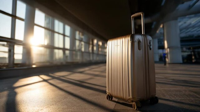 Stylish metallic suitcase awaits travelers at the airport during sunset hours, casting long shadows on the floor