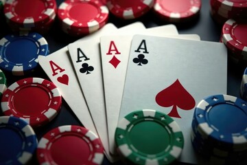 Obraz premium Four aces fanned out, showcasing suit variations , photography, clubs, diamonds