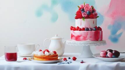 Watercolor illustration of British afternoon tea,tea break in the English style,tea set with Afternoon tea stand with macaroons and scone,cake,cup of tea,Tea time dessert table,vintage style.