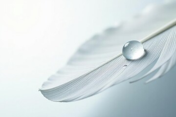 Glistening dewdrop on a white feather, stark white background , feather, element, photography
