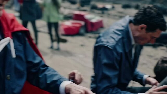 Elderly superhero running through destroyed city
