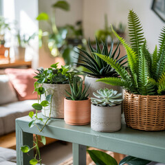 display of various indoor plants arranged on minimalist green shelf, showcasing mix of textures and colors. lush greenery adds refreshing touch to cozy living space