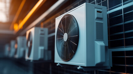 Air conditioner units or compressor is set up on the roof of industrial, Air conditioner or heating ventilation air conditioning system, Ventilation, climate control inside factory