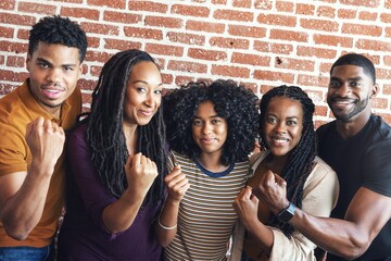 Group of five people smiling and posing with fists raised in front of a brick wall. They appear happy and united, showcasing a sense of camaraderie. Successful team of diverse people.