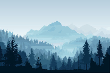 Majestic mountains fade into misty horizons, surrounded by dense evergreen forests