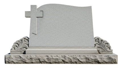 Isolated Grey Granite Gravestone with Cross and Floral Ornamentation