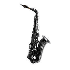 Obraz premium A glossy black alto saxophone is centered against a black background, highlighting its polished finish and keywork.