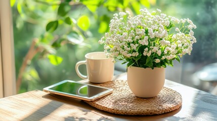 Bright morning scene with tablet, potted plant, and cup on textured wood tabletop