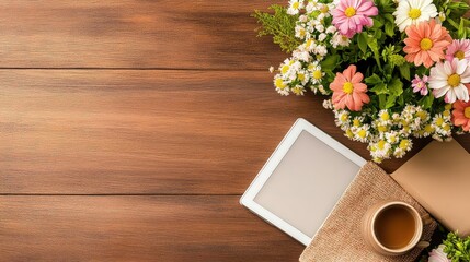 Bright morning scene with tablet, potted plant, and cup on textured wood tabletop