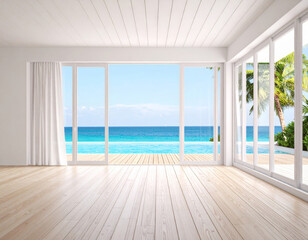 Fototapeta premium spacious, empty living room with large windows showcasing stunning sea view, bright natural light flooding in, and serene atmosphere. wooden floor adds warmth to modern design