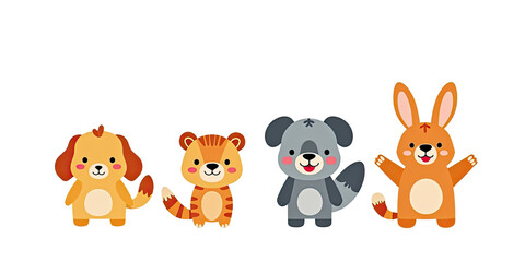 Fototapeta premium Cute Cartoon Animals: Dog, Tiger, Dog, Rabbit - Minimalist illustra.