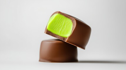 Dubai Chocolate Kunafa Pistachio on white background,Dubai Chocolate bar with green kadayif and pistachio spread,popular and viral chocolate 2024,space for text.