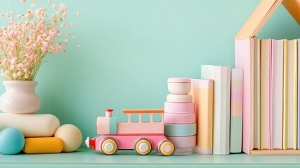 Playful train toy on colorful books, set against calm green tone for learning and exploration