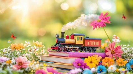 Playful train toy centered on colorful books with a vibrant green field in background