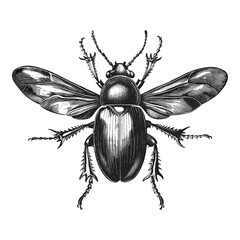 Mystical vintage beetle, wings open, bold black engraving, old sketch style, antique insect drawing, trendy retro art, detailed ink artwork, classic vintage illustration, ancient beetle print